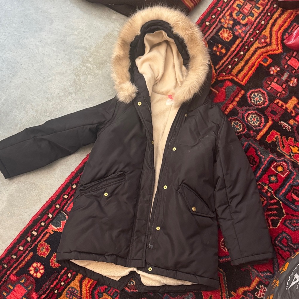 Black Hooded Winter bomber Coat with Fur Trim crewcuts